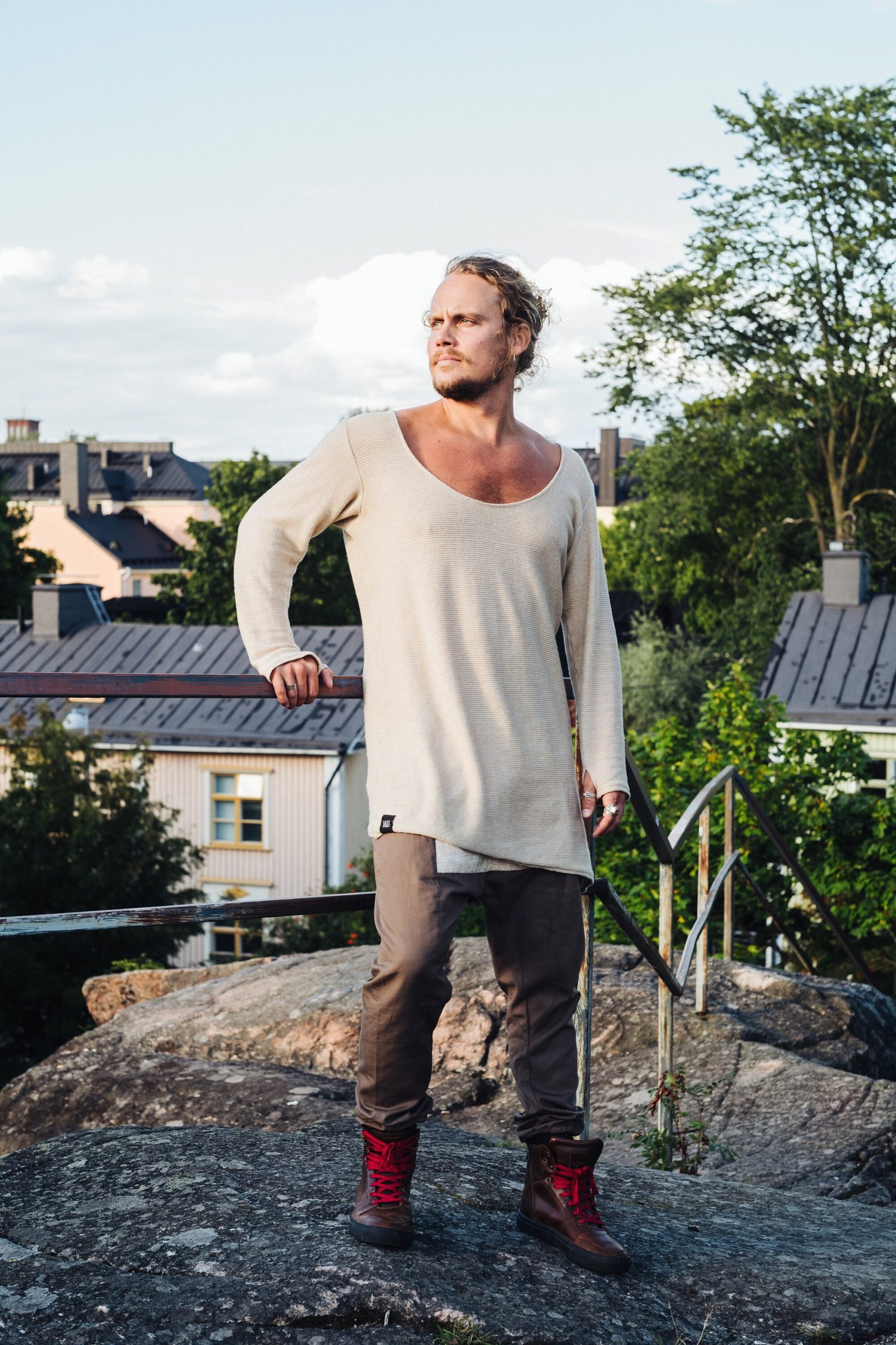 Oversized Knit Cotton Shirt: Deep V Neck Thumb Oversized Knit Cotton Shirt: Deep V Neck Thumb