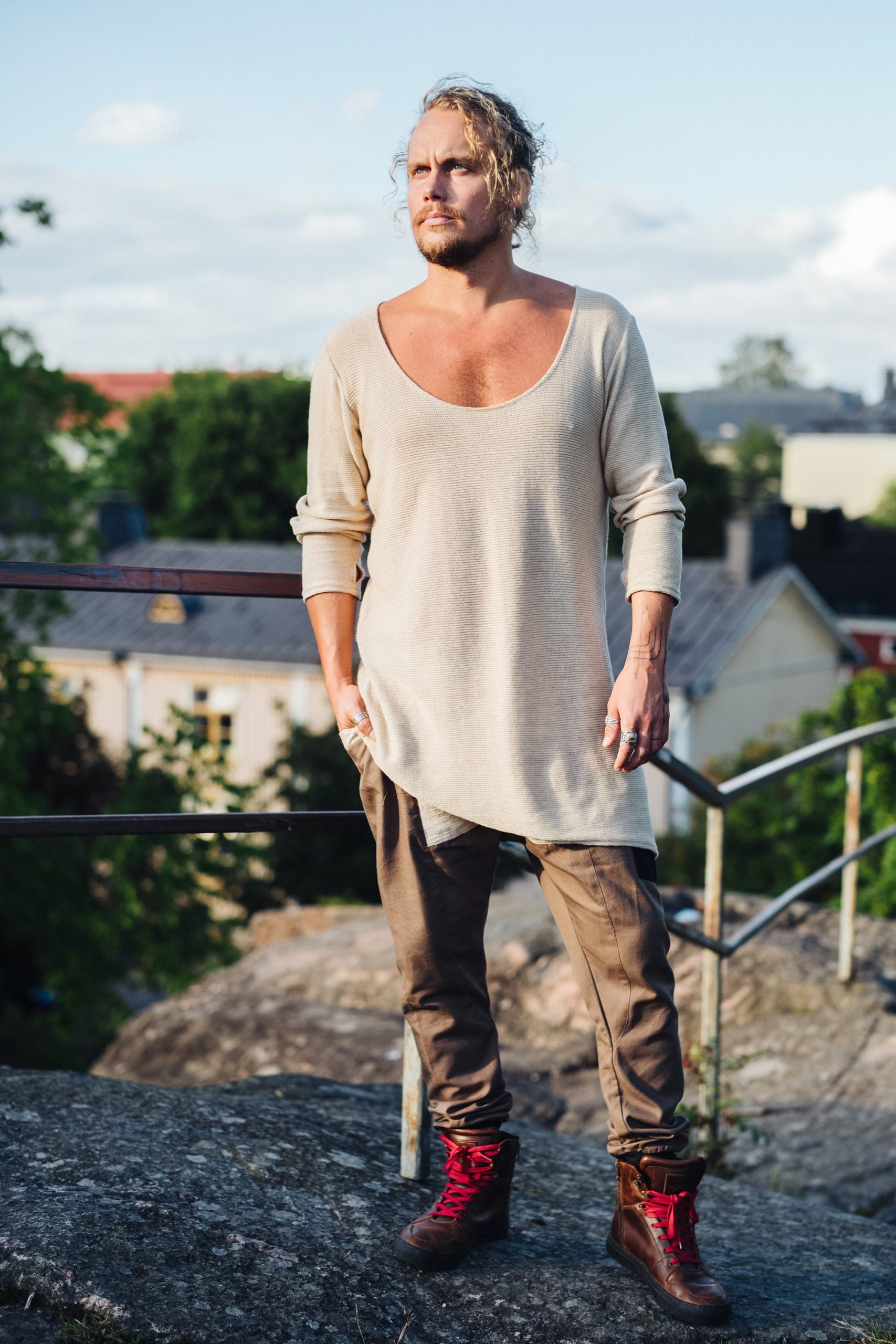 Oversized Knit Cotton Shirt: Deep V Neck Thumb Oversized Knit Cotton Shirt: Deep V Neck Thumb