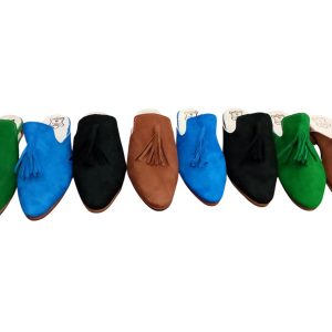 Women’s Bleu Leather Mules Handmade Pointed Toe Slip