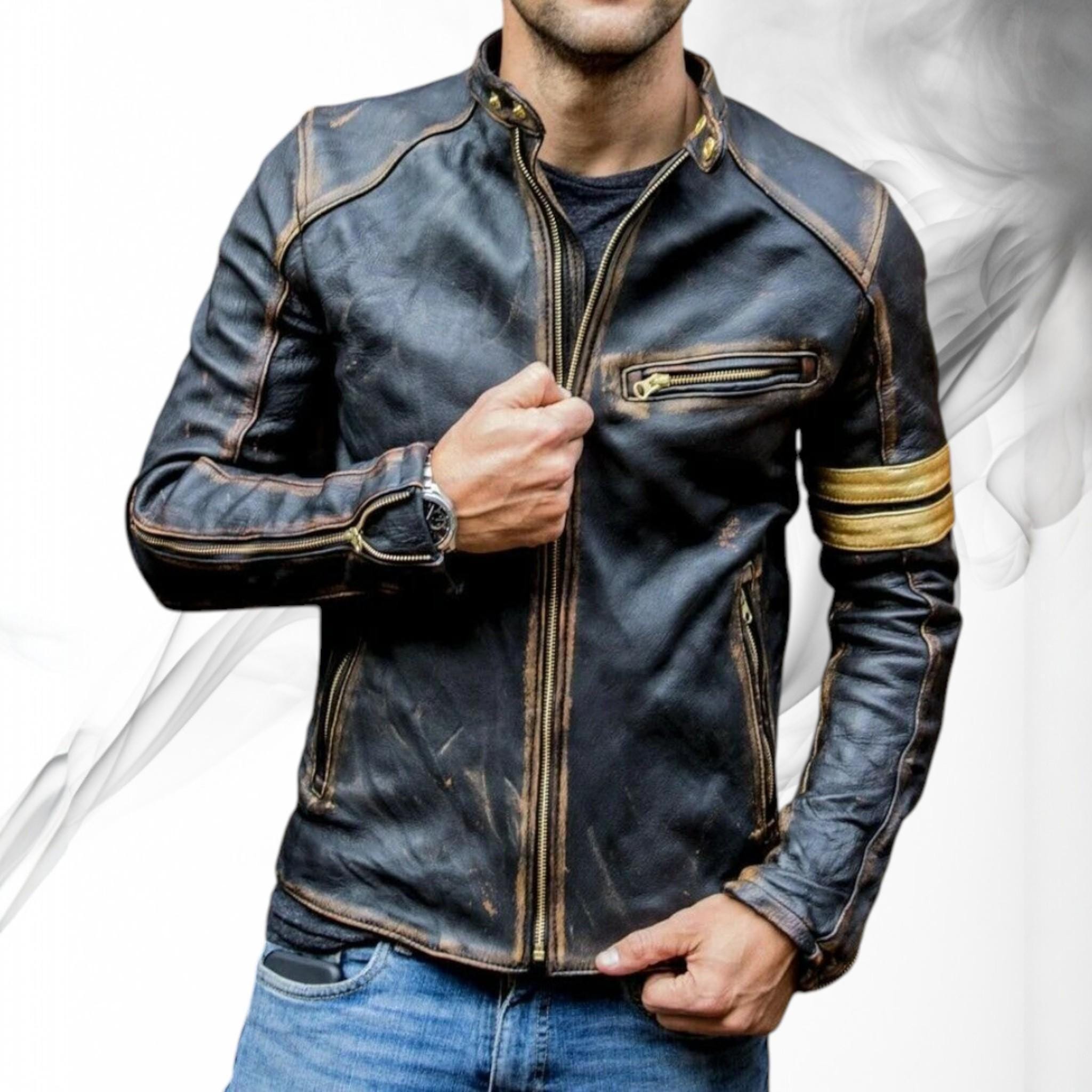 Distressed Sheepskin Leather Cafe Racer Jacket Vintage Style Distressed Sheepskin Leather Cafe Racer Jacket Vintage Style