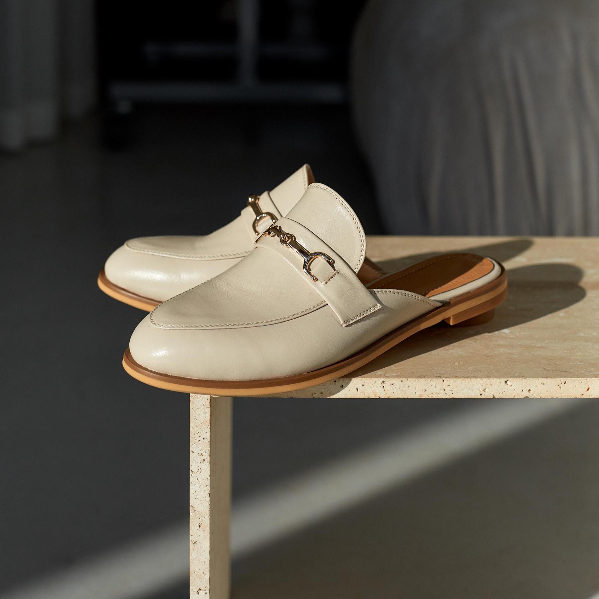 Beige Leather Women's Mules Stylish Slipon Loafers Backless Beige Leather Women's Mules Stylish Slipon Loafers Backless