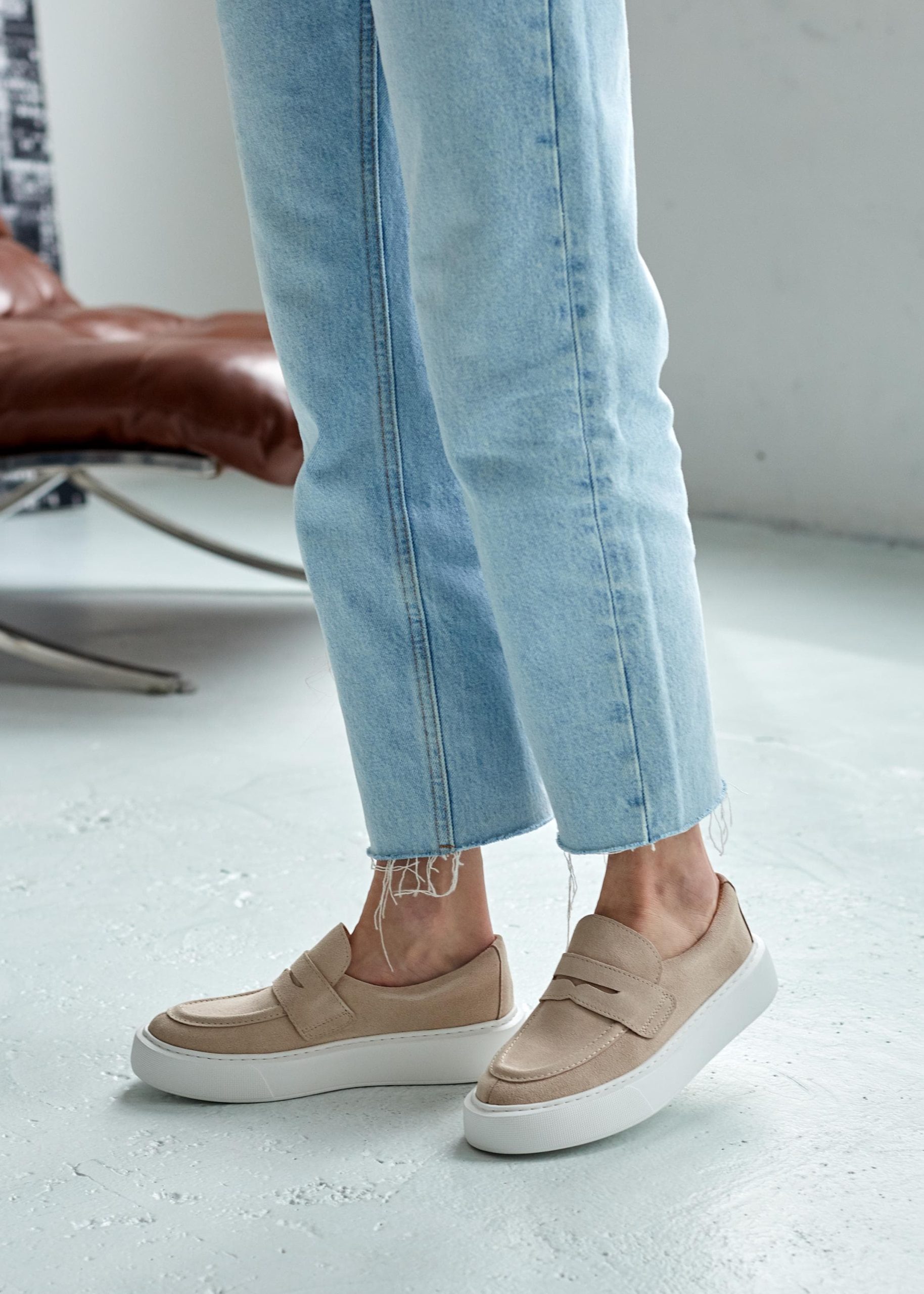 Beige Leather Loafers Casual Soft Flats Suede Loop Beige Leather Loafers Casual Soft Flats Suede Loop