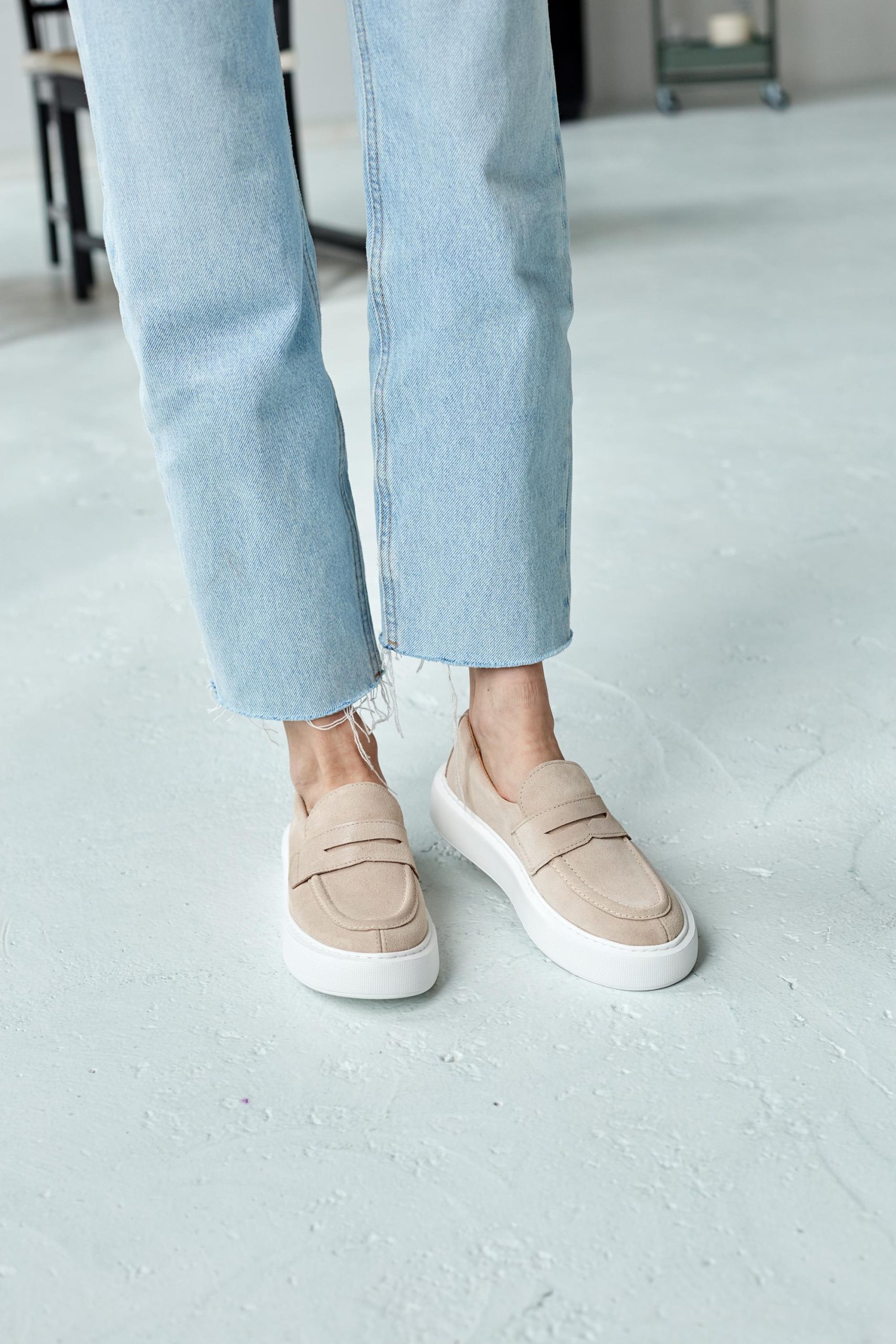 Beige Leather Loafers Casual Soft Flats Suede Loop Beige Leather Loafers Casual Soft Flats Suede Loop