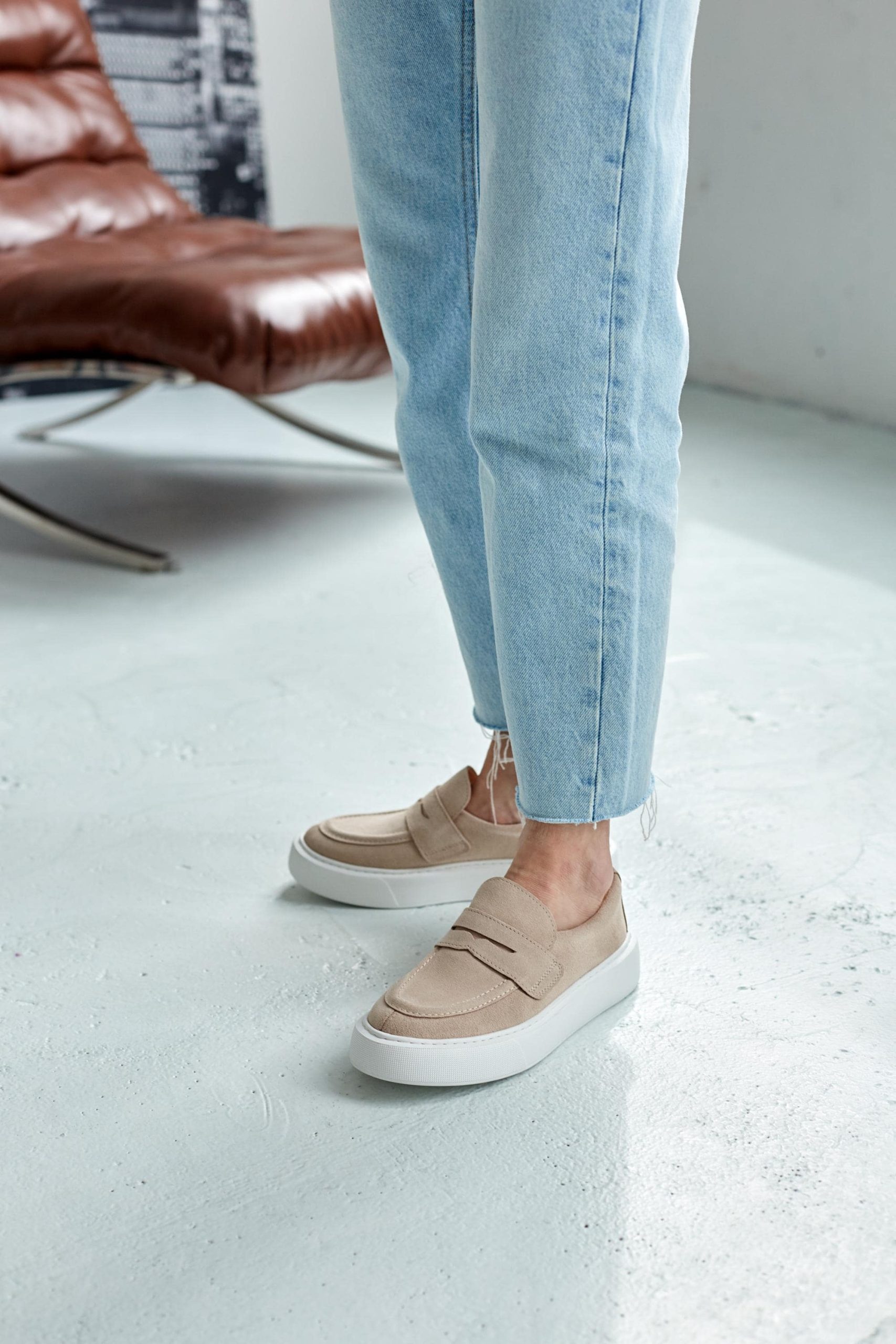 Beige Leather Loafers Casual Soft Flats Suede Loop Beige Leather Loafers Casual Soft Flats Suede Loop